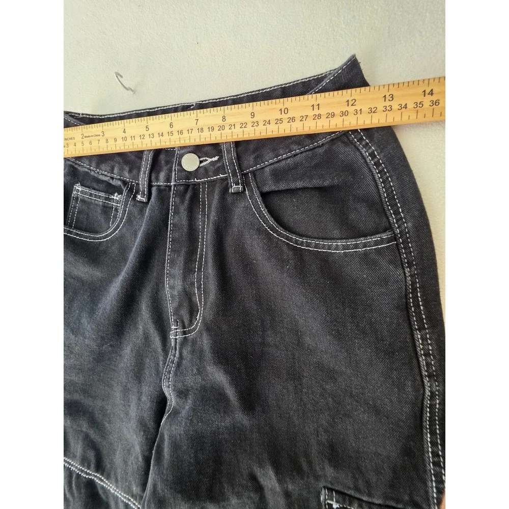 SHEIN Tall XS Black Wide Leg Cargo Jeans High Rise Contrast Stitch Y2K Goth